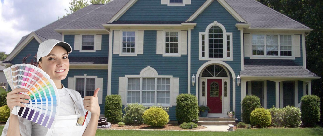 Exterior of double storey house painted with blue paint.